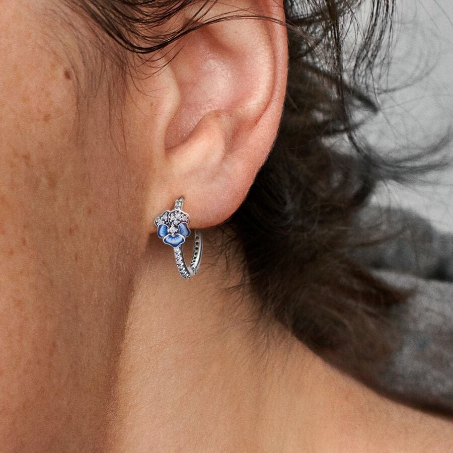 Pandora Blue Pansy Flower Hoop Brincos Mulher 